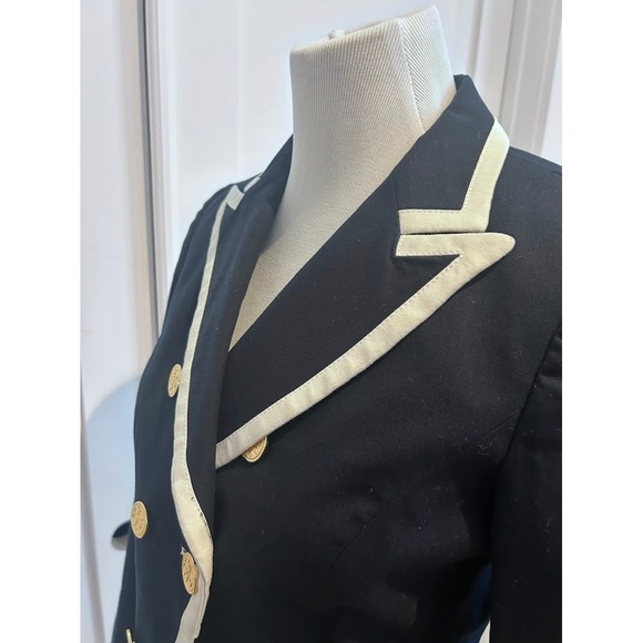 Tory Burch Navy Blue Double Breasted Blazer Gold Logo Buttons White Trim Size 6 - Picture 6 of 12